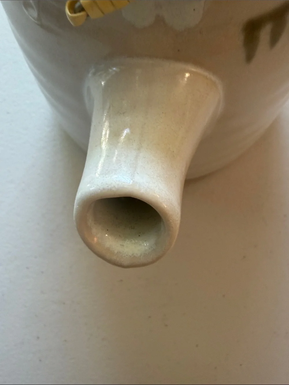 Cost Plus World Market Cream Ceramic Teapot with Bamboo Handle Dark Blue Accents